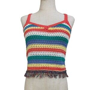 Aqua Knit Top Women’s Open Knit Sleeveless Crochet Fringe Multicolor‎ Striped XS